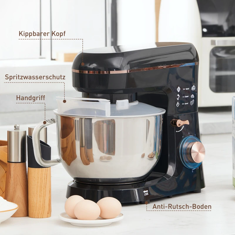 HOMCOM Standmixer, Küchenmaschine, Rührgerät, 6 Stufen, 5,5L Edelstahlschüssel, Schwarz
