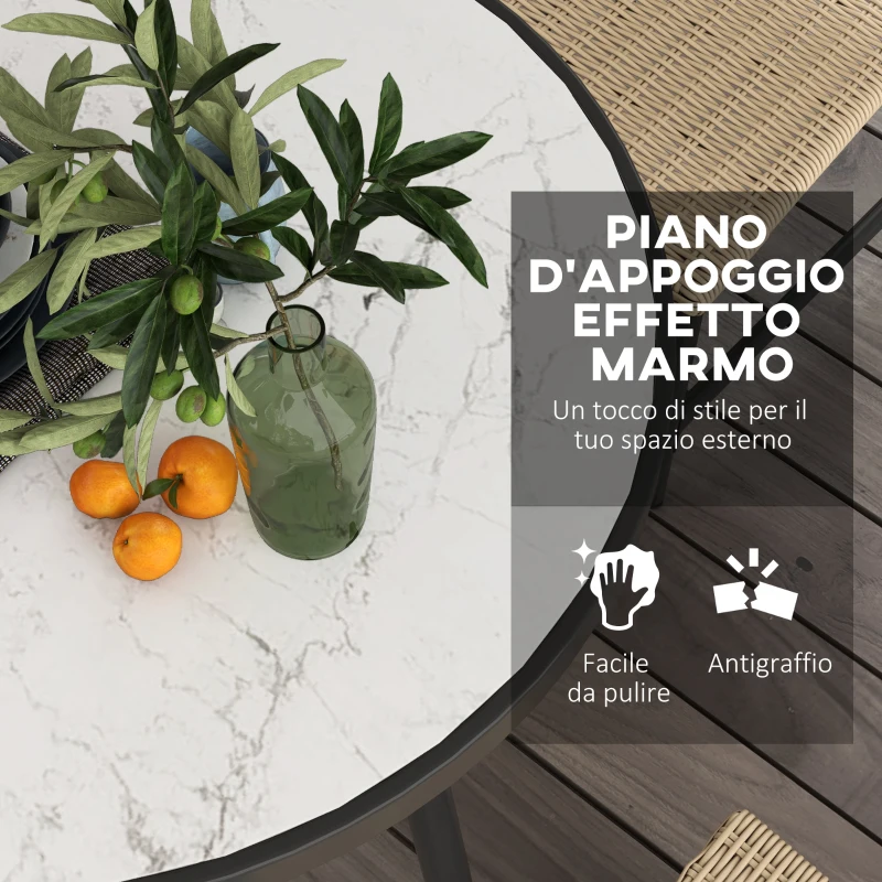 Outsunny Set da Giardino con Tavolo in Vetro Effetto Marmo e 4 Sedie in Rattan, Colore Cachi