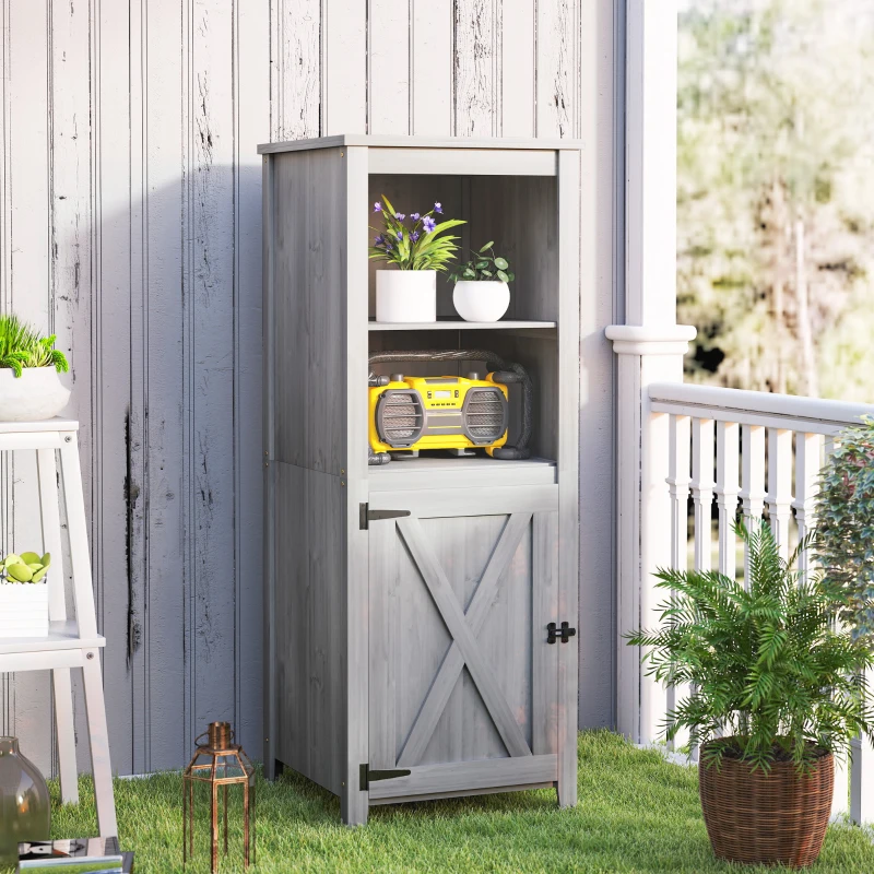 Outsunny Gartenschuppen mit Scheunentür, verstellbare Regale, schlankes Design, Tannenholz, Hellgrau(m-7)