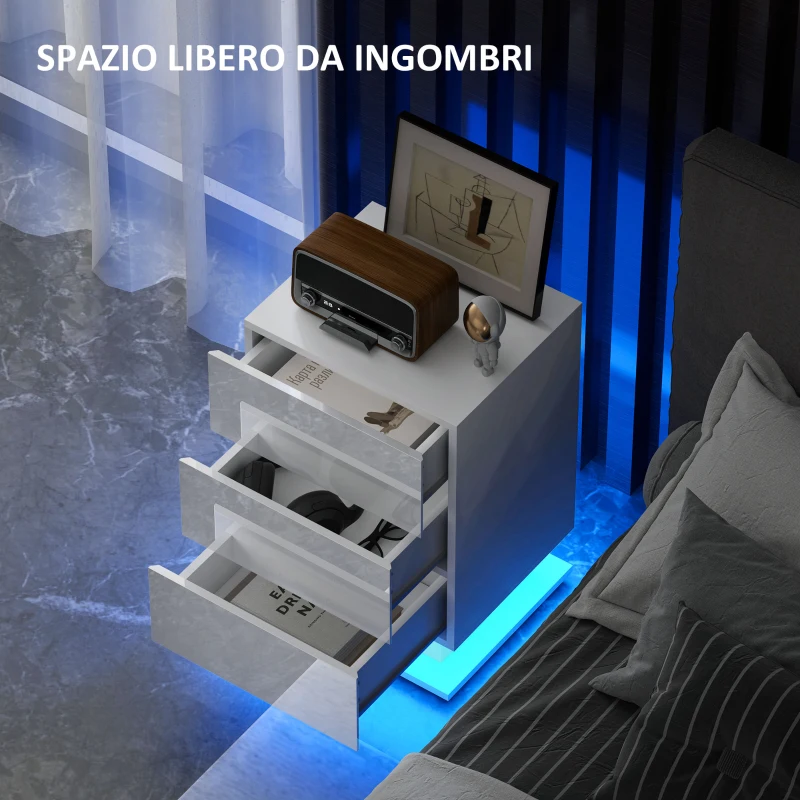 HOMCOM Comodino Moderno con Luce LED Regolabile con Telecomando e 3 Cassetti, 40x35x60 cm, Bianco Lucido