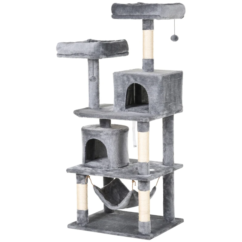 PawHut Duży drapak dla kotów 145 cm, z hamakiem, drzewko do wspinaczki dla kotów, drapak z jaskiniami i słupkami obszytymi sizalem, Jasnoszary