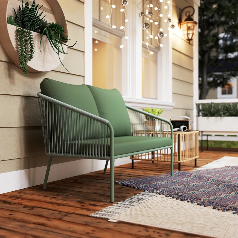Outsunny Gartensofa mit Kissen 2-Sitzer Rattan Sofa Lounge Sofa Outdoor Balkon Sofa 112 x 72 x 76 cm Grün(m-8)