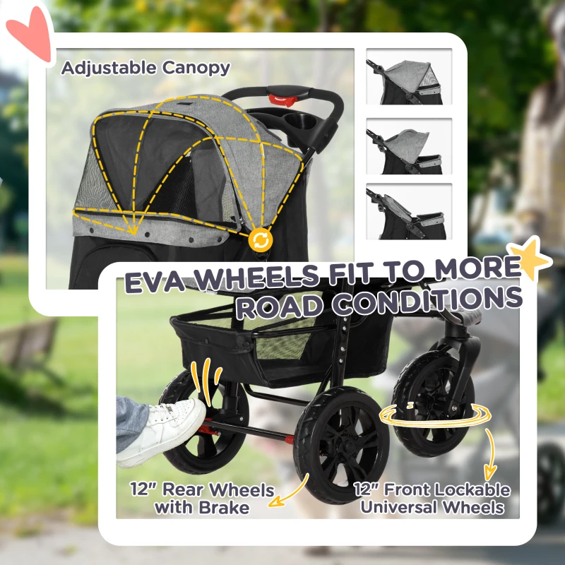 PawHut Wózek dla psa wózek dla psów kotów Pet Stroller z 3 kołami składany Oxford kolor szary