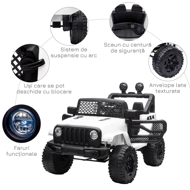 HOMCOM Masina Electrica pentru Copii Jeep Off-Road cu Telecomanda, 2 Viteze 3-5km/h, 100x65x72 cm, Alb(m-5)