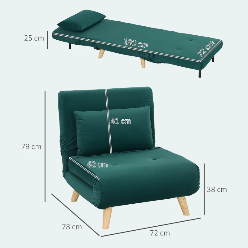HOMCOM Klappsessel mit Bettfunktion, Klappbarer Relaxsessel in Samtoptik, Verstellbare Lehne, bis 120 kg belastbar, Dunkelgrün(m-3)