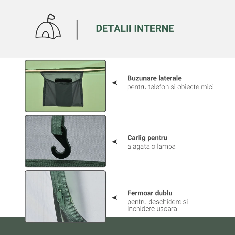 Outsunny Cort de Camping Pop Up pentru 2 Persoane cu 2 Uși, 4 Ferestre și Înveliș Impermeabil, 263.5x220x123 cm, Verde(m-6)