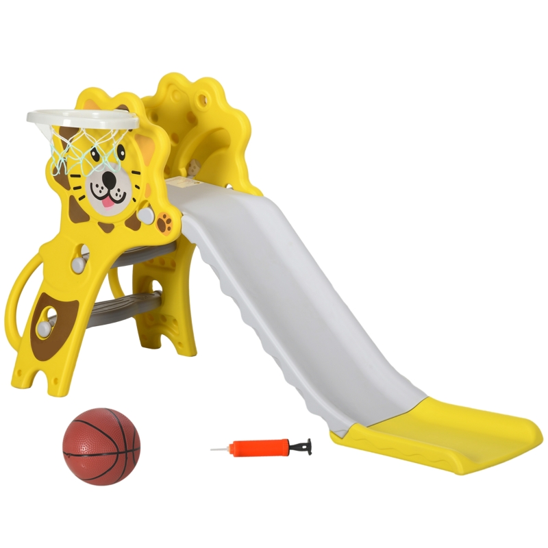 AIYAPLAY Tobogán para Niños de 18 a 36 Meses con 2 Escaleras 1 Canasta de Baloncesto y Patrón de León 131x50x74cm Amarillo y Gris