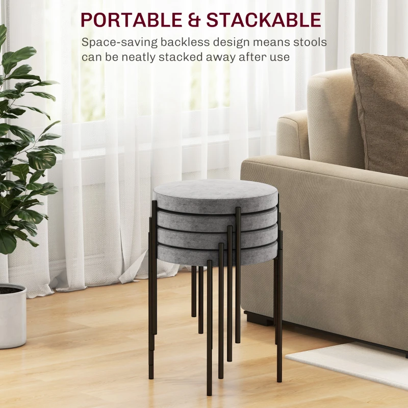 HOMCOM Zestaw 4 hokerów kuchennych, stapelowane, wykończenie aksamitne, do 120kg, stelaż stalowy, 41,5 x 41,5 x 46 cm, Ciemnoszary