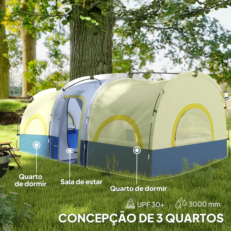 Outsunny Tenda de Campismo Familiar Tipo Túnel para 4-6 Pessoas Impermeável 3.000 mm Dobrável 435x251x195 cm Azul e Cinzento