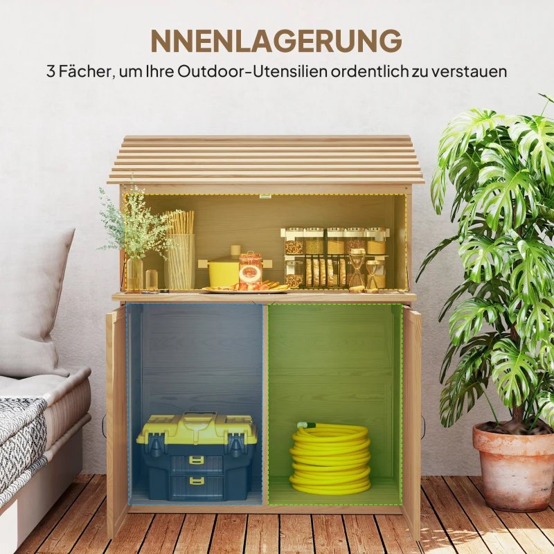 Outsunny Garten-Aufbewahrungsschrank mit ausklappbarem Tisch, Werkzeugschrank mit Dach, 110 x 54 x 136 cm, Tannenholz, Braun(m-5)