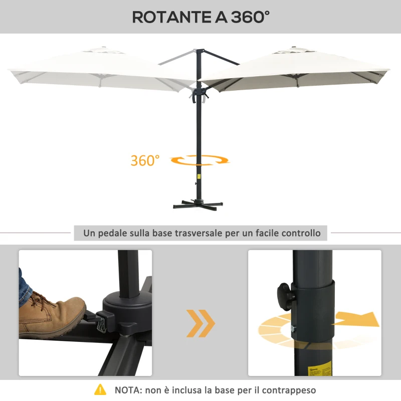 Outsunny Ombrellone a Sbalzo 3x3 m Inclinabile con Manovella e Base a Croce, in Acciaio e Poliestere, Bianco Crema