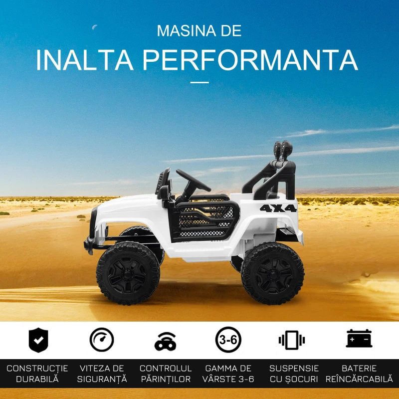 HOMCOM Masina Electrica pentru Copii Jeep Off-Road cu Telecomanda, 2 Viteze 3-5km/h, 100x65x72 cm, Alb(m-4)