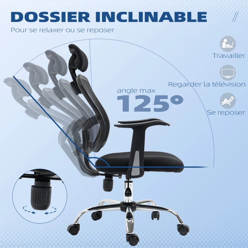 Vinsetto Chaise de bureau fauteuil pivontant à 360° ergonomique dossier inclinable hauteur réglable tétière maille 63 x 62 x 114 cm noir