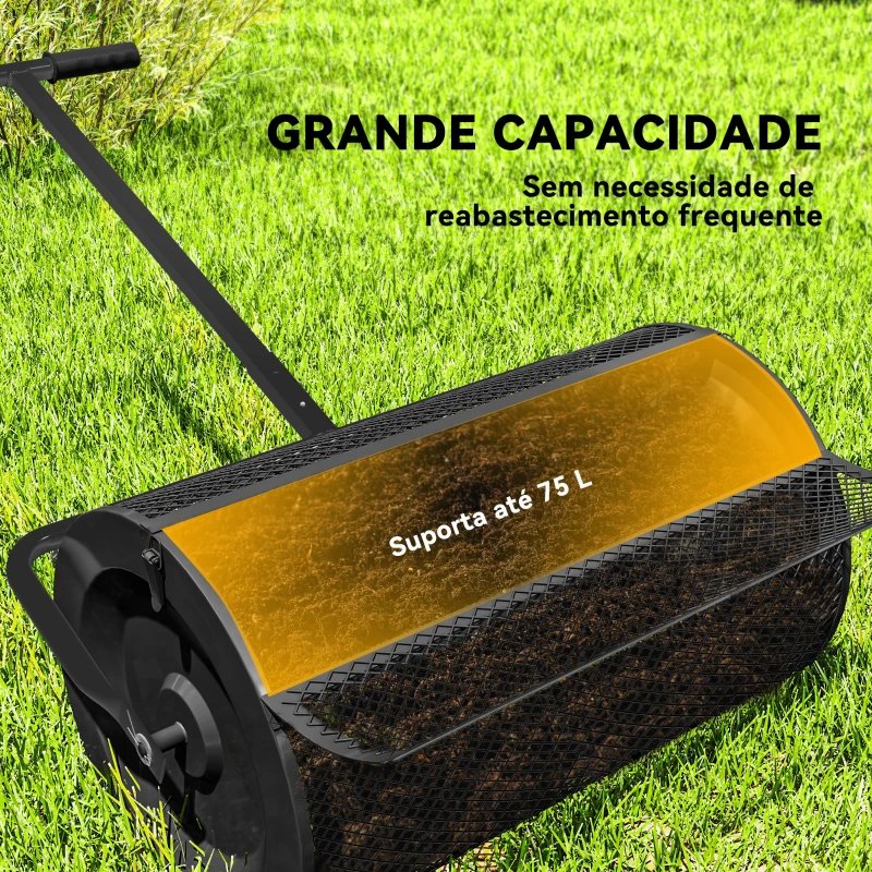 Outsunny Espalhador de Composto 300L 70x40x112 cm Espalhador de Adubo para Relvado com Guiador Ajustável Cesto de Rede Metálica Preto