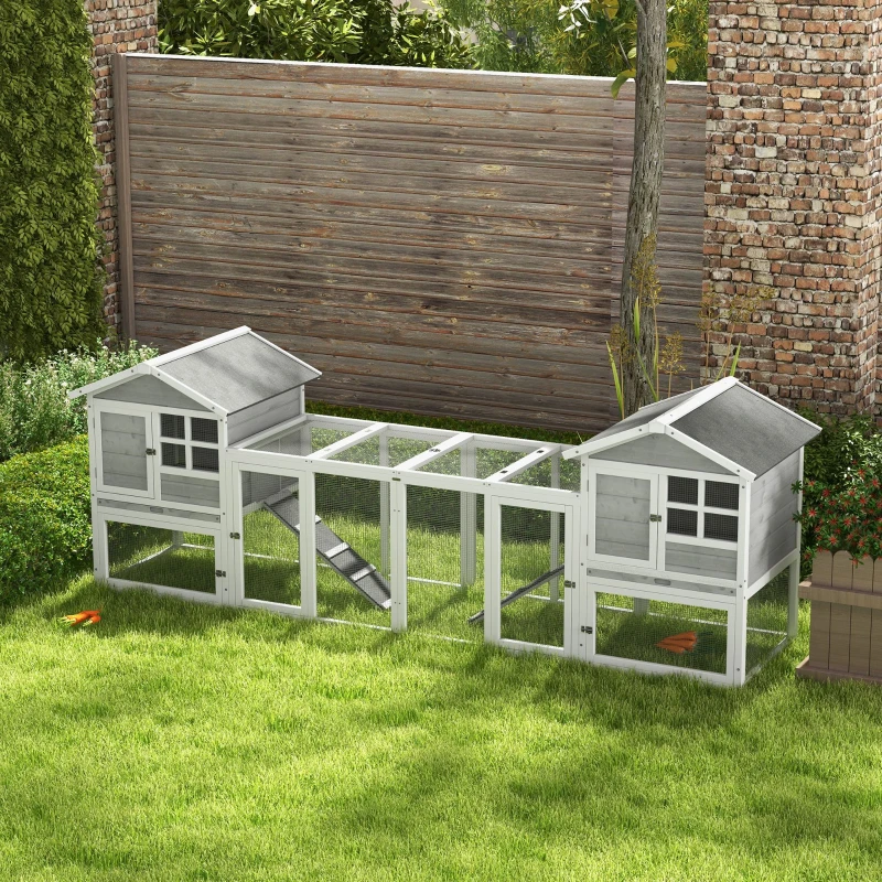 PawHut 2 in 1 Rabbit Hutch Outdoor Guinea Pig Hutch Bunny Run Double Main House with Run, No-Leak Tray 259 x 64 x 92cm, Grey