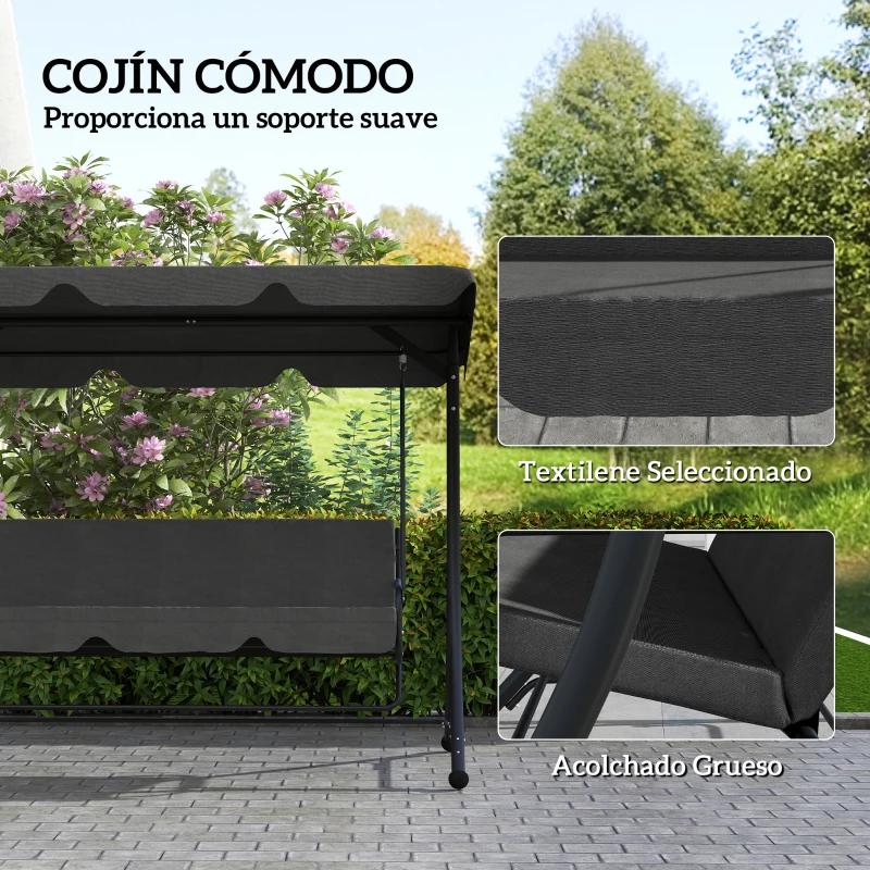 Outsunny Columpio de Jardín de 3 Plazas con Toldo Ajustable Reposapiés Retráctil y Cojines Carga 330 kg 200x127x170 cm Gris