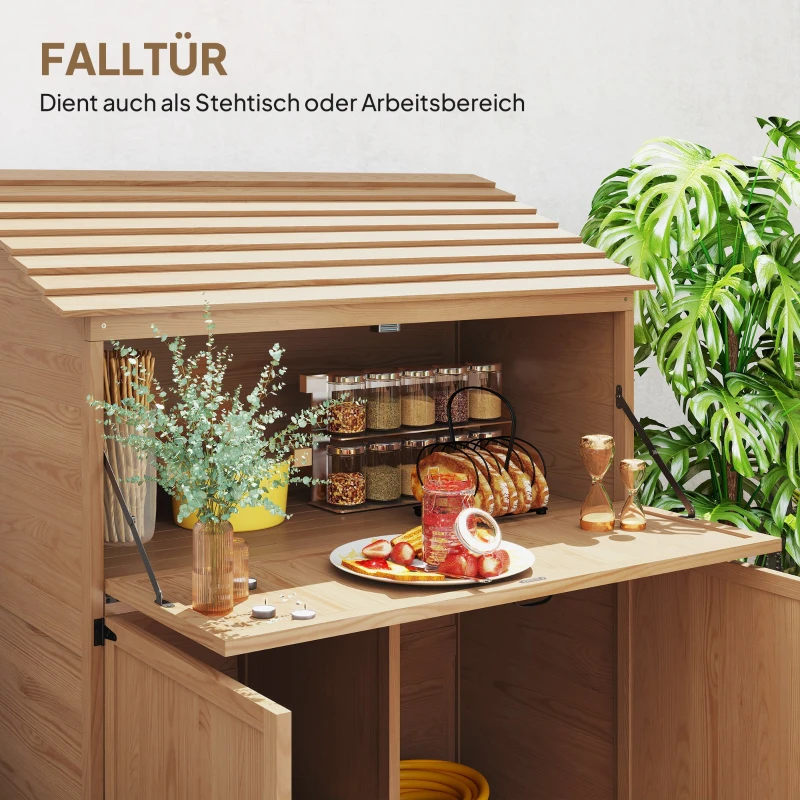 Outsunny Garten-Aufbewahrungsschrank mit ausklappbarem Tisch, Werkzeugschrank mit Dach, 110 x 54 x 136 cm, Tannenholz, Braun(m-4)