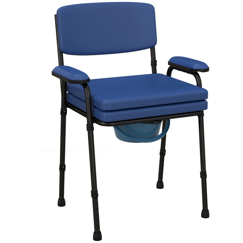 HOMCOM Chaise percée toilette multifonctions seau amovible hauteur réglable avec dossier siège et accoudoirs rembourrés bleu(m-11)
