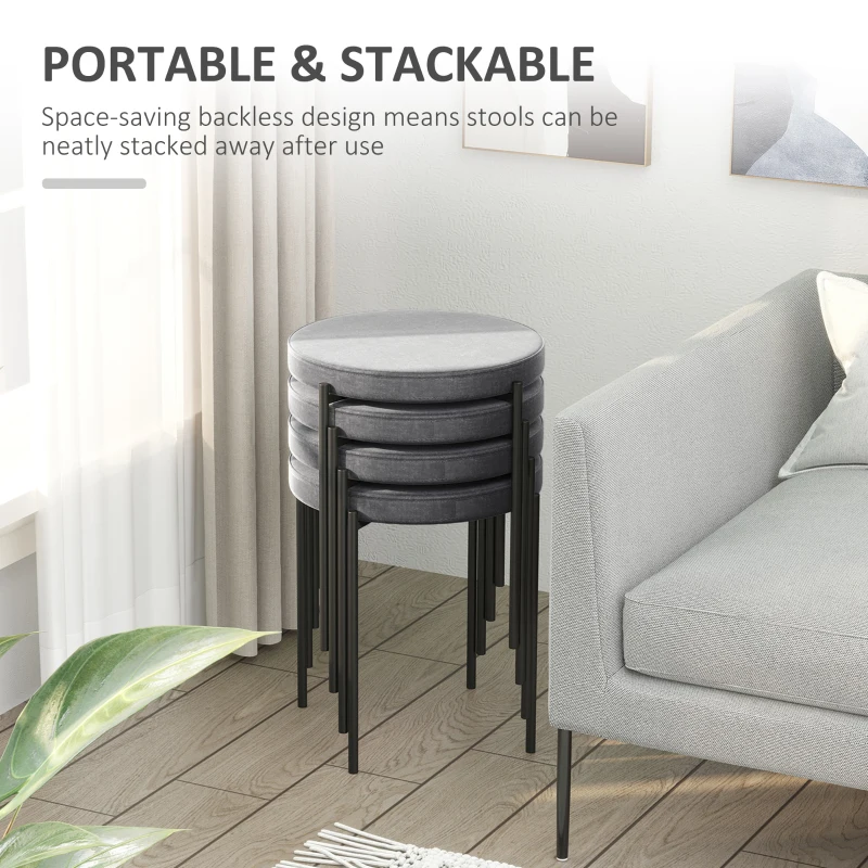 HOMCOM Zestaw 4 stołków do jadalni hokery do stawiania jeden na drugim stołki barowe nowoczesne poliester stal kolor szary
