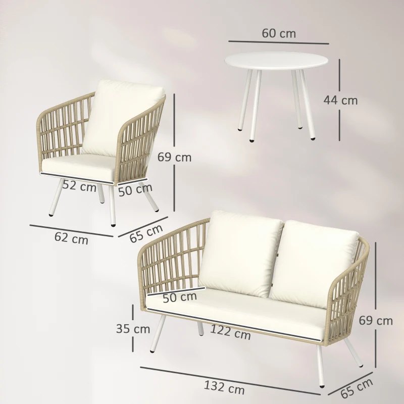 Outsunny Conjunto de Jardim em Vime Sintético de 4 Peças com Sofá de 2 Lugares 2 Poltronas 1 Mesa de Centro Creme e Madeira