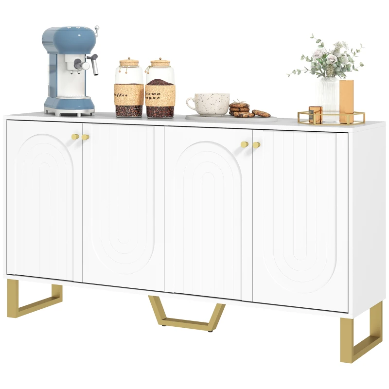 HOMCOM Aparador con 4 Puertas Arqueadas Estantes Ajustables y Patas Doradas 140,8x35x77,5 cm Blanco