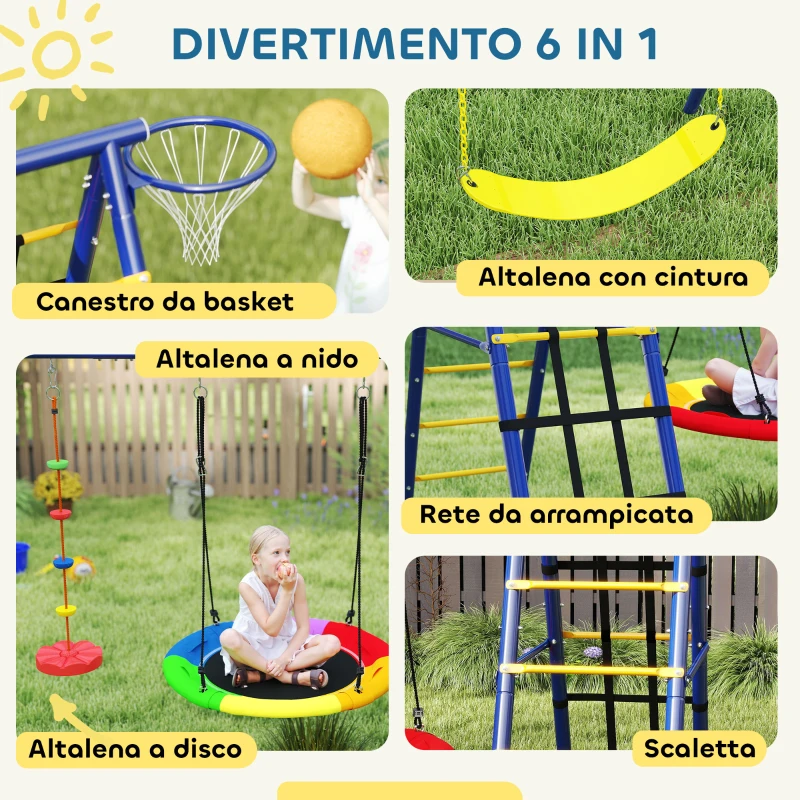 AIYAPLAY Gioco per Bambini 3-8 Anni con 3 Altalene, Scala a Corda e Canestro Basket, in Acciaio, PE e PP, 3.5x1.8x2 m