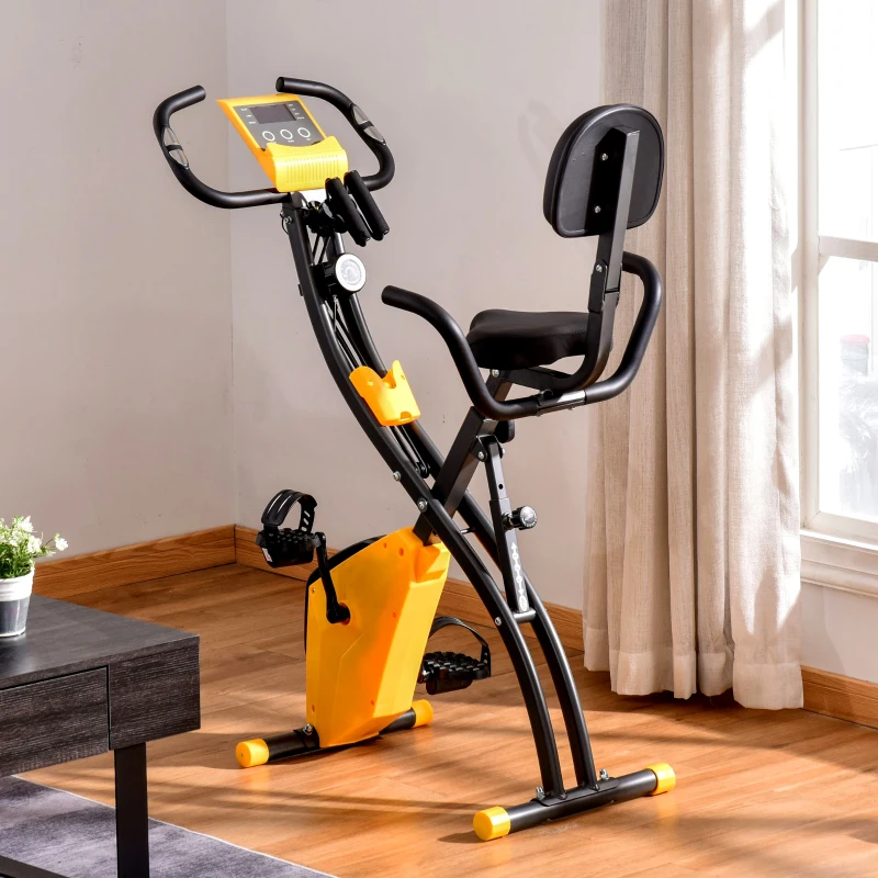 HOMCOM Cyclette Pieghevole con Resistenza Magnetica 8 Livelli, Sensore di Frequenza Cardiaca, Volano 2.5kg, Giallo