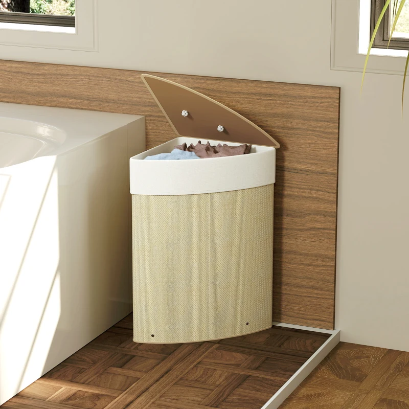 HOMCOM Bamboo Laundry Basket with Lid, 55L Corner Laundry Hamper with Removable Washable Liner Bag, Bathroom Triangle Washing Basket, 35 x 35 x 60 cm, Nature Wood Finish