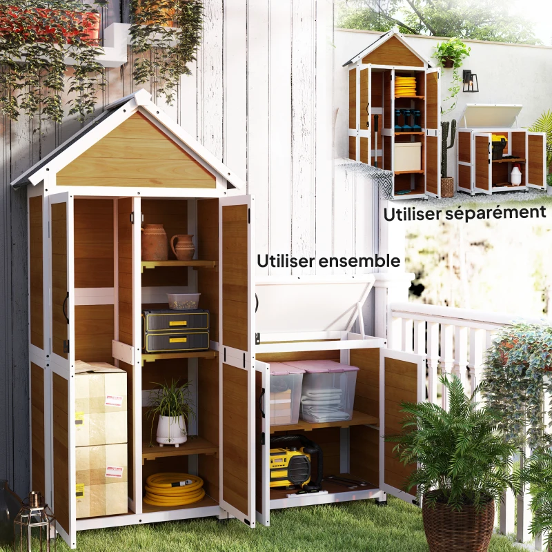 Outsunny Abri de jardin + armoire de rangement en bois avec toit incliné en asphalte, étagères et portes verrouillables, naturel