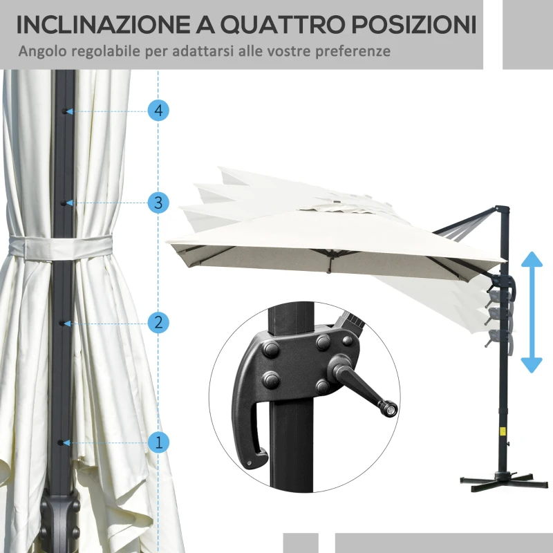 Outsunny Ombrellone a Sbalzo 3x3 m Inclinabile con Manovella e Base a Croce, in Acciaio e Poliestere, Bianco Crema