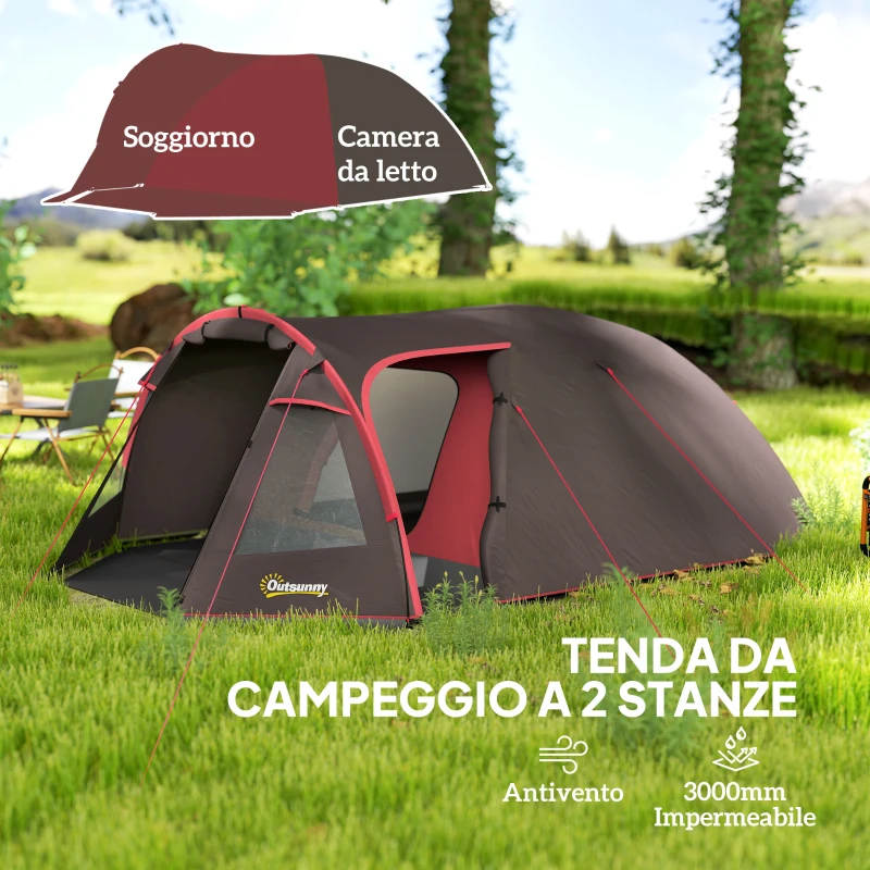Outsunny Tenda da Campeggio da 2-4 Persone con Stanze Separate, Impermeabile con Doppie Porte, Grigio