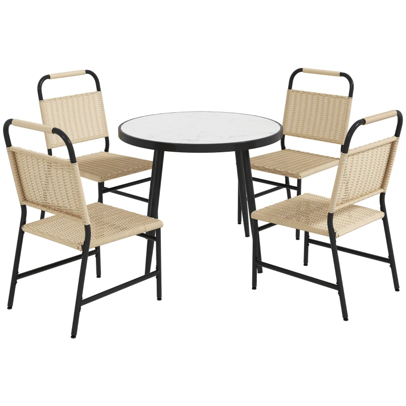 Outsunny Set da Giardino con Tavolo in Vetro Effetto Marmo e 4 Sedie in Rattan, Colore Cachi