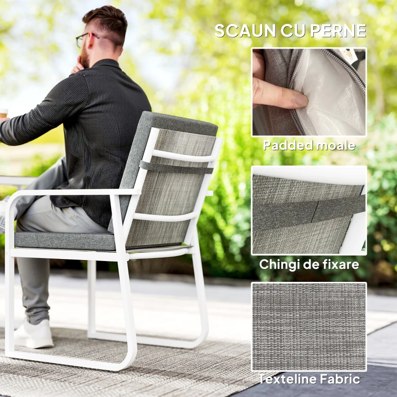 Outsunny Set de Gradina cu Masa si Scaune cu Perne Detasabile, Blat din Sticla si Cadru din Otel, 108x60x72 cm, Alb