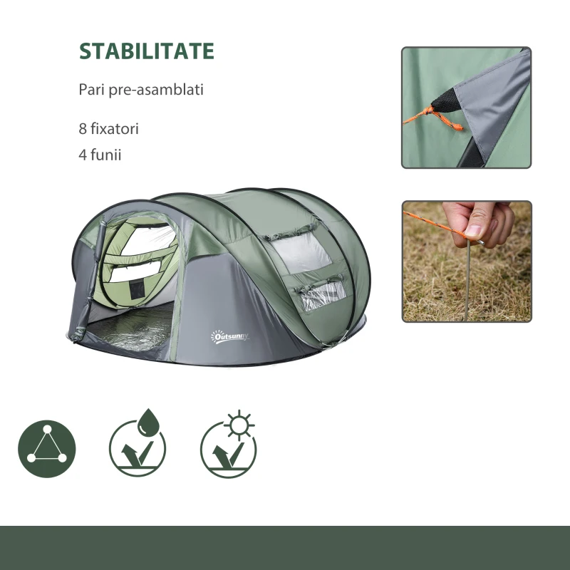 Outsunny Cort de Camping Pop Up pentru 2 Persoane cu 2 Uși, 4 Ferestre și Înveliș Impermeabil, 263.5x220x123 cm, Verde(m-7)