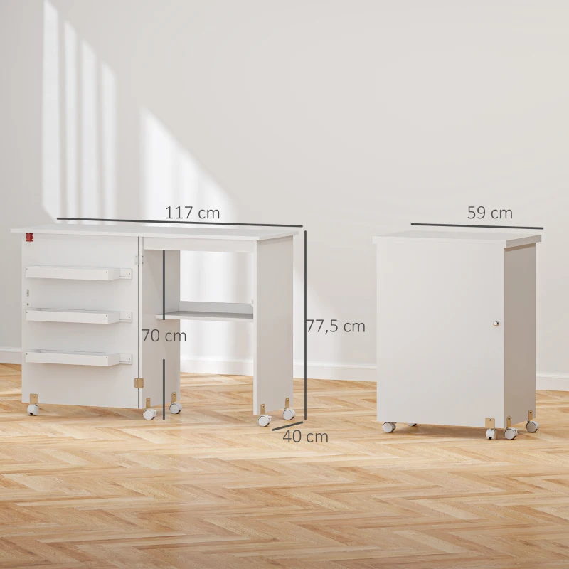 HOMCOM Table de couture pliante meuble couture à abattant avec bacs de rangement, étagère ouverte et roulettes, blanc