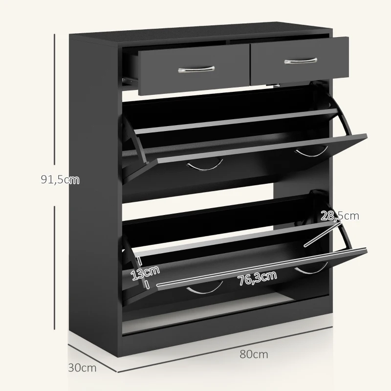 HOMCOM Sapateira Estreito com 2 Compartimentos e 2 Gavetas para 12 Pares de Sapatos 80x30x91,5 cm Preto