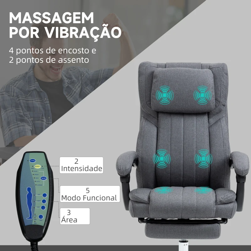 Vinsetto Cadeira de Escritório com 6 Pontos de Massagem com Vibração Reclinável com Altura Ajustável 65x61x101-113 cm Cinza