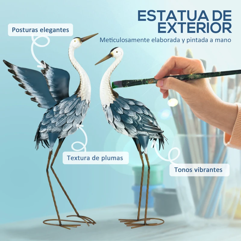 Outsunny Set de 2 Estatuas de Grulla de Acero para Jardín con Pintura Resistente y Estacas de Suelo para Decoración de Césped