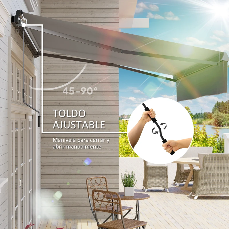 Outsunny Toldo Manual Retráctil para Jardín con Manivela Protección UV Estructura de Metal y Aluminio 295x200 cm Gris
