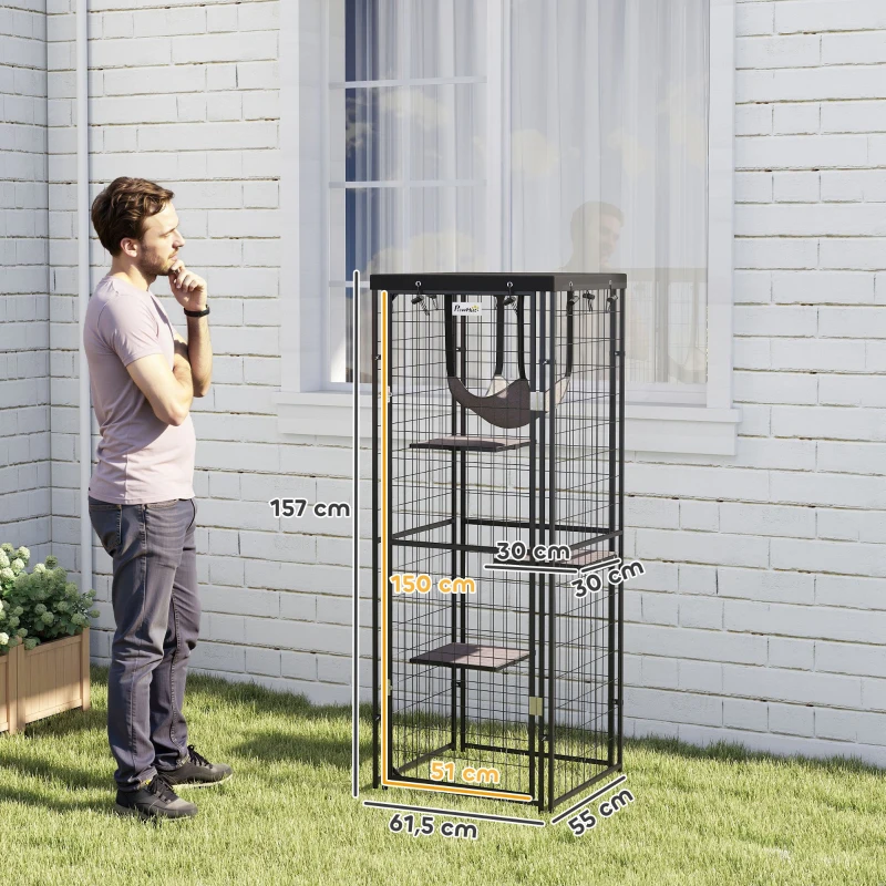 PawHut Jaula para Gatos Exterior e Interior Metálica con Cubierta Impermeable Perchas Hamaca y Puerta 61,5x55x157 cm Negro