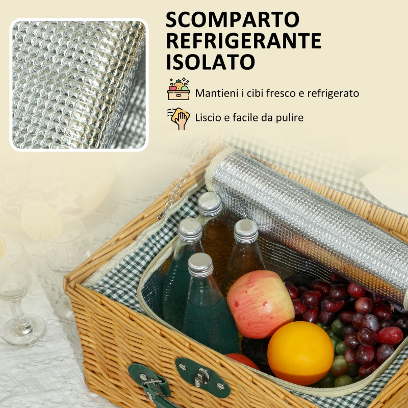 Outsunny Cesta da Pic Nic per 2 Persone in Vimini con Area Termica e Cavatappi, 40x30x20 cm, Marrone Chiaro