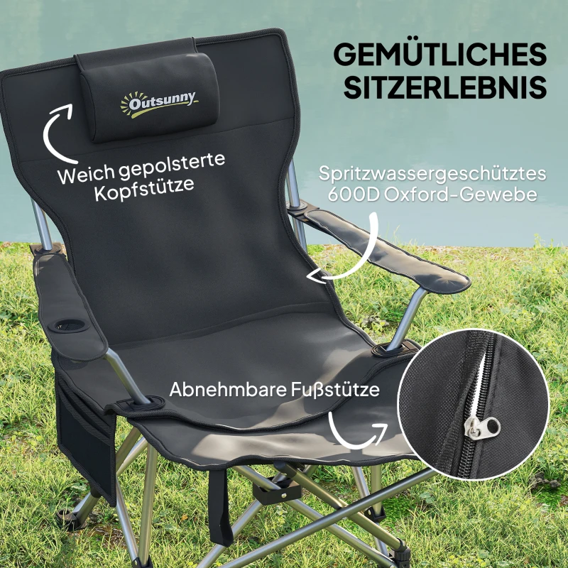 Outsunny 2er Set Campingstuhl faltbar Angelstuhl mit abnehmbar Fußstütze Kopfstütze Getränkehalter belastbar 120 kg Schwarz