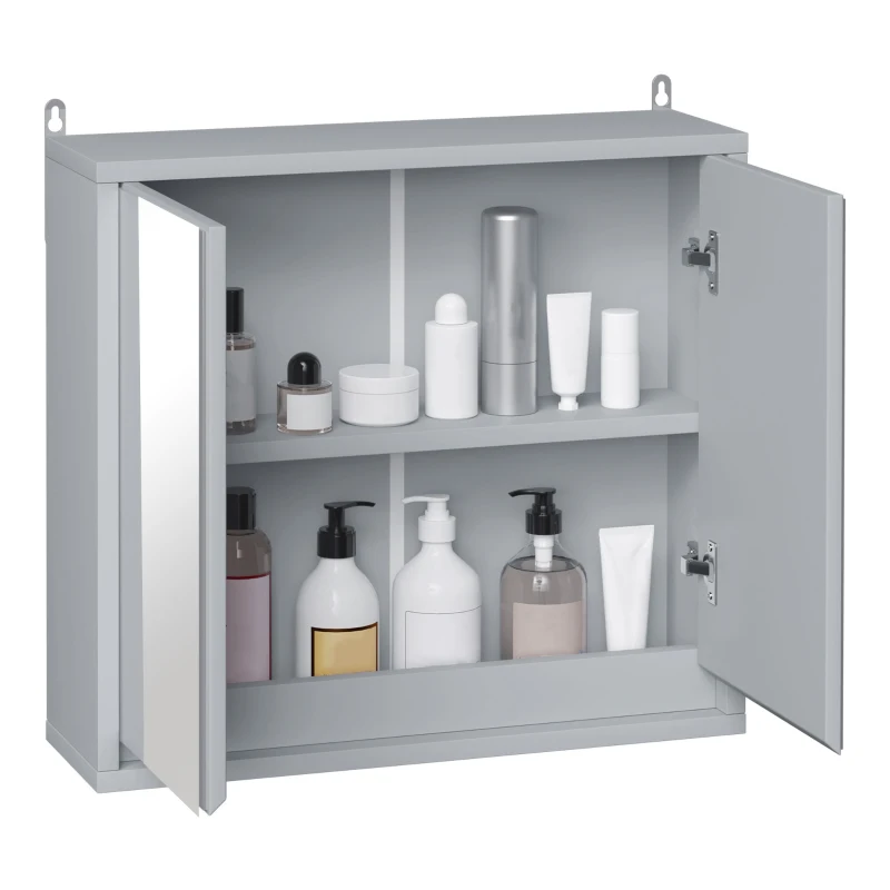 HOMCOM Armário de banheiro com espelho de parede com prateleira ajustável 3 níveis 2 portas 48x14,5x45 cm Cinza