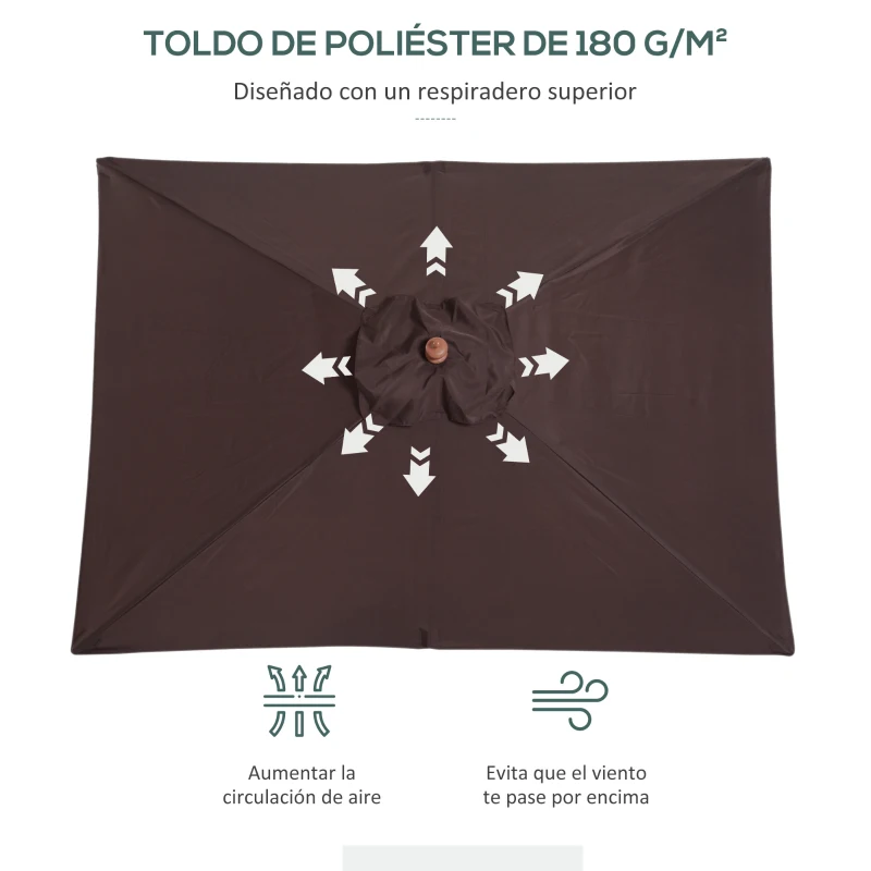 Outsunny Sombrilla de Jardín Rectangular 200x150x235 cm Inclinable con Anti-UV y Poste de Madera para Terraza Patio Café