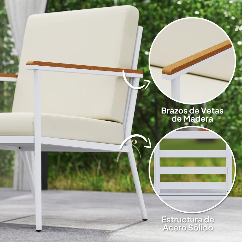 Outsunny Conjunto de Muebles de Jardín de 5 Piezas con Sofá Sillones y Mesas con Tablero de Vidrio Templado Cojines Beige