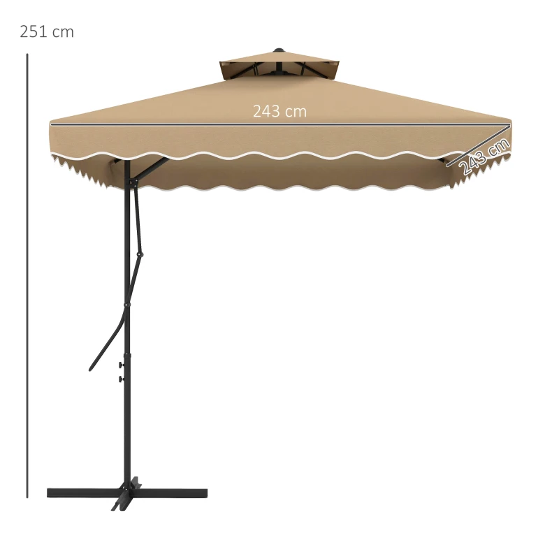 Outsunny Ombrellone a Sbalzo con Doppio Tetto, Apertura a Manovella e Base a Croce, 2.5x2.5m, Cachi
