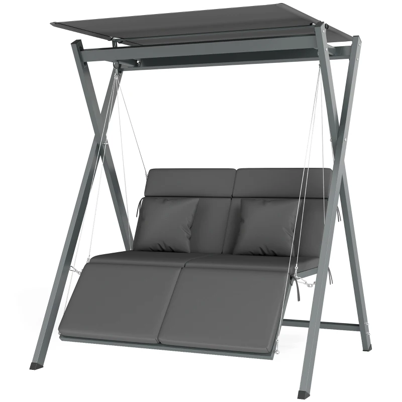 Outsunny Columpio de Jardín de 2 Plazas Convertible en Cama con Toldo Ajustable UV30+ y Cojines 142x130x168 cm Gris Oscuro