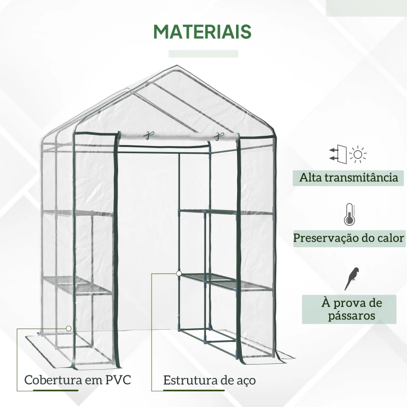 Outsunny Estufa Transparente de Jardim Estufa de Plantas de 3 Níveis com Prateleiras Estrutura de Aço 143x143x195cm Transparente e Verde
