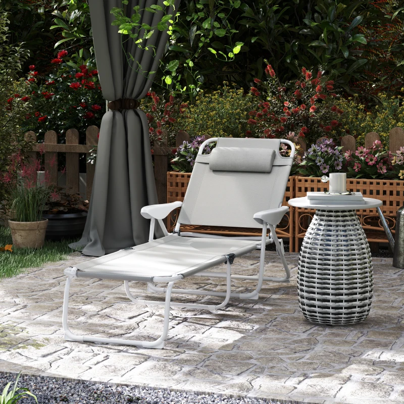 Outsunny Tumbona Plegable con Respaldo Ajustable Reposacabezas y Estructura de Metal 160x66x98 cm Gris y Blanco