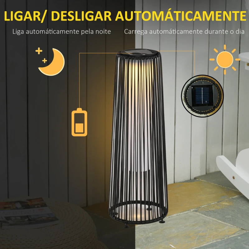 Outsunny Candeeiro Solar de Vime de Energia Solar com LED 1,5 W Interruptor de Controle Automático de Luz Ø21,5x61cm Preto